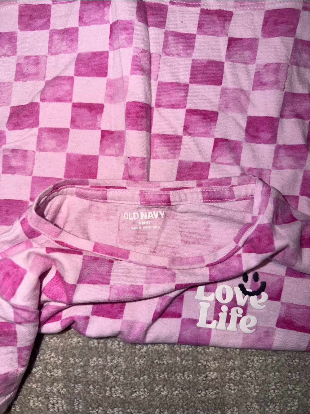 Kids Pink Checkered ”Love Life” Shirt Size S - Picture 4 of 5
